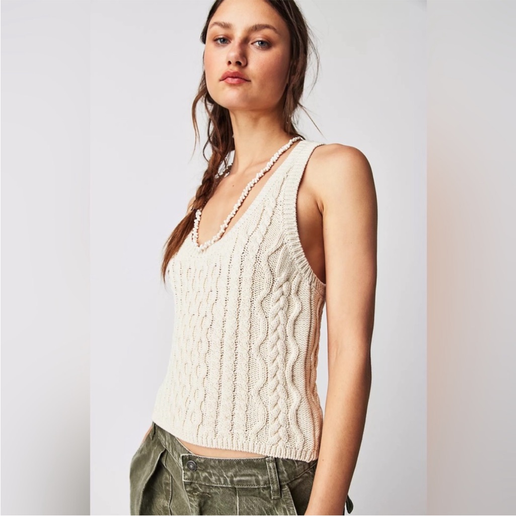 Free People High Tide Cable Knit Tank Sleeveless Cotton Sweater Sz M Cream Beige